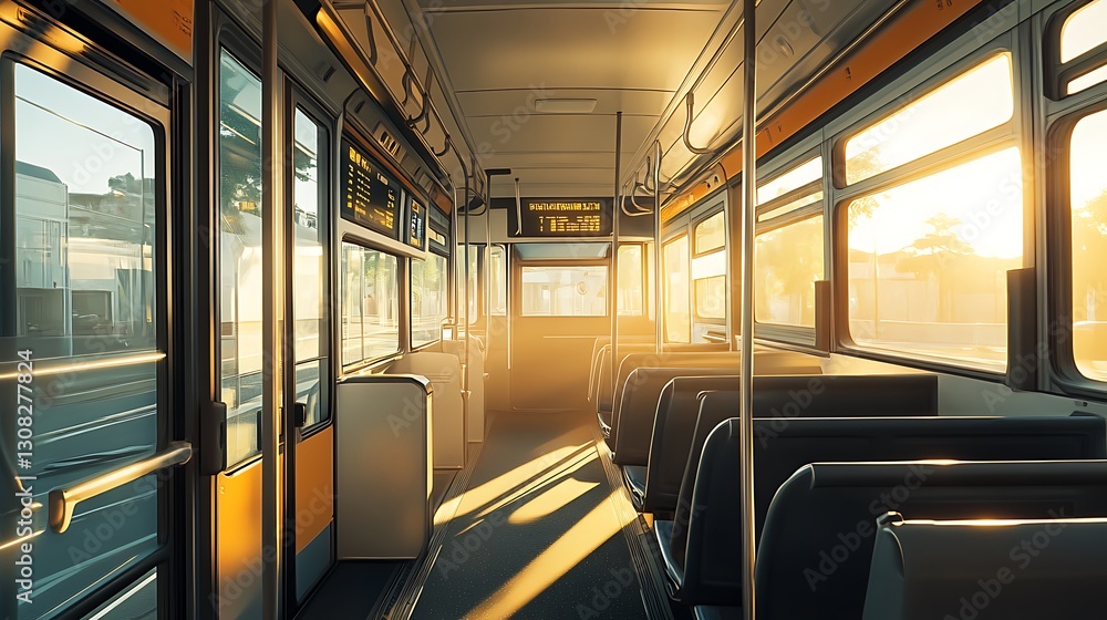 Empty Bus Interior with Sunlight Streaming Through Windows During Golden Hour Empty Bus Interior with Sunlight Streaming Through Windows During Golden Hour