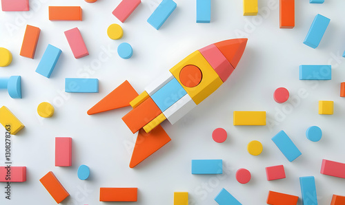 Free Download Colorful Wooden Toy Rocket Surrounded by Building Blocks and Shapes - GFXLoad