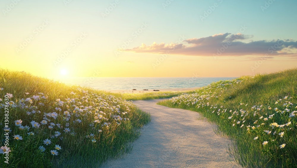 Fototapeta premium Pathway through a field of flowers leads to a beach at sunset.