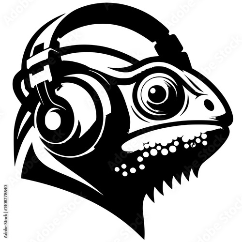 Silhouette of a chameleon listening to music