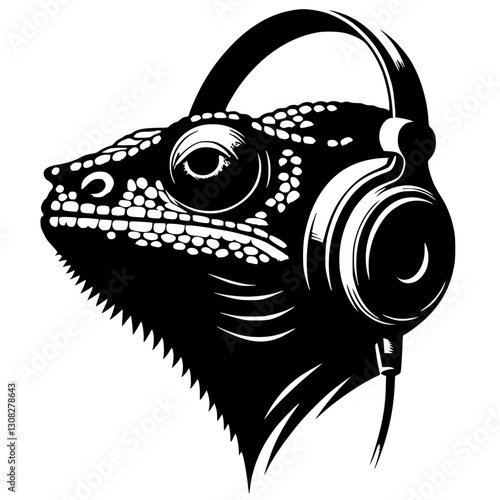 Silhouette of a chameleon wearing a headset