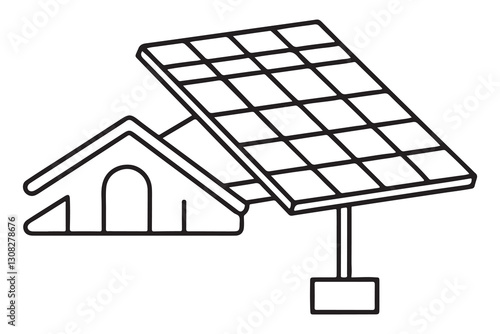continuous one single black line art doodle drawing of AI powered solar panel farm with smart energy concept illustration