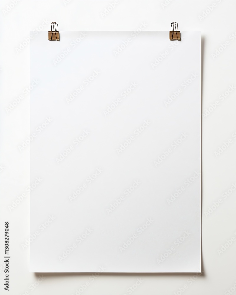 Blank white paper hanging on clips against a minimalist wall for art and design applications : Generative AI Blank white paper hanging on clips against a minimalist wall for art and design applications : Generative AI