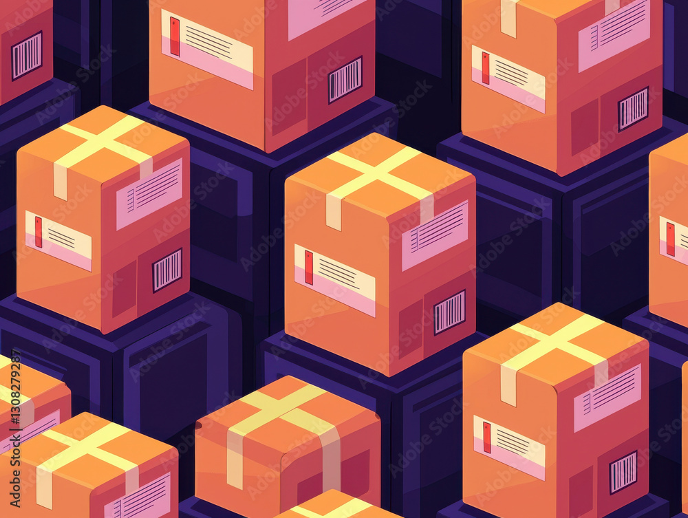 Shipping boxes stacked in warehouse with vibrant lighting. Shipping fulfillment services illustrated with glowing Shipping boxes stacked in warehouse with vibrant lighting. Shipping fulfillment services illustrated with glowing