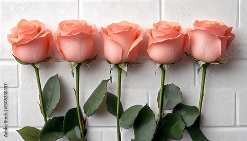 Roses Row  Peach blooms against white tiles