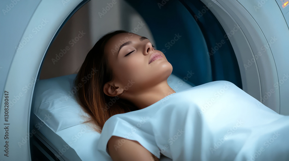 Close up portrait of female patient lying on CT scanner, calm and relaxed Close up portrait of female patient lying on CT scanner, calm and relaxed