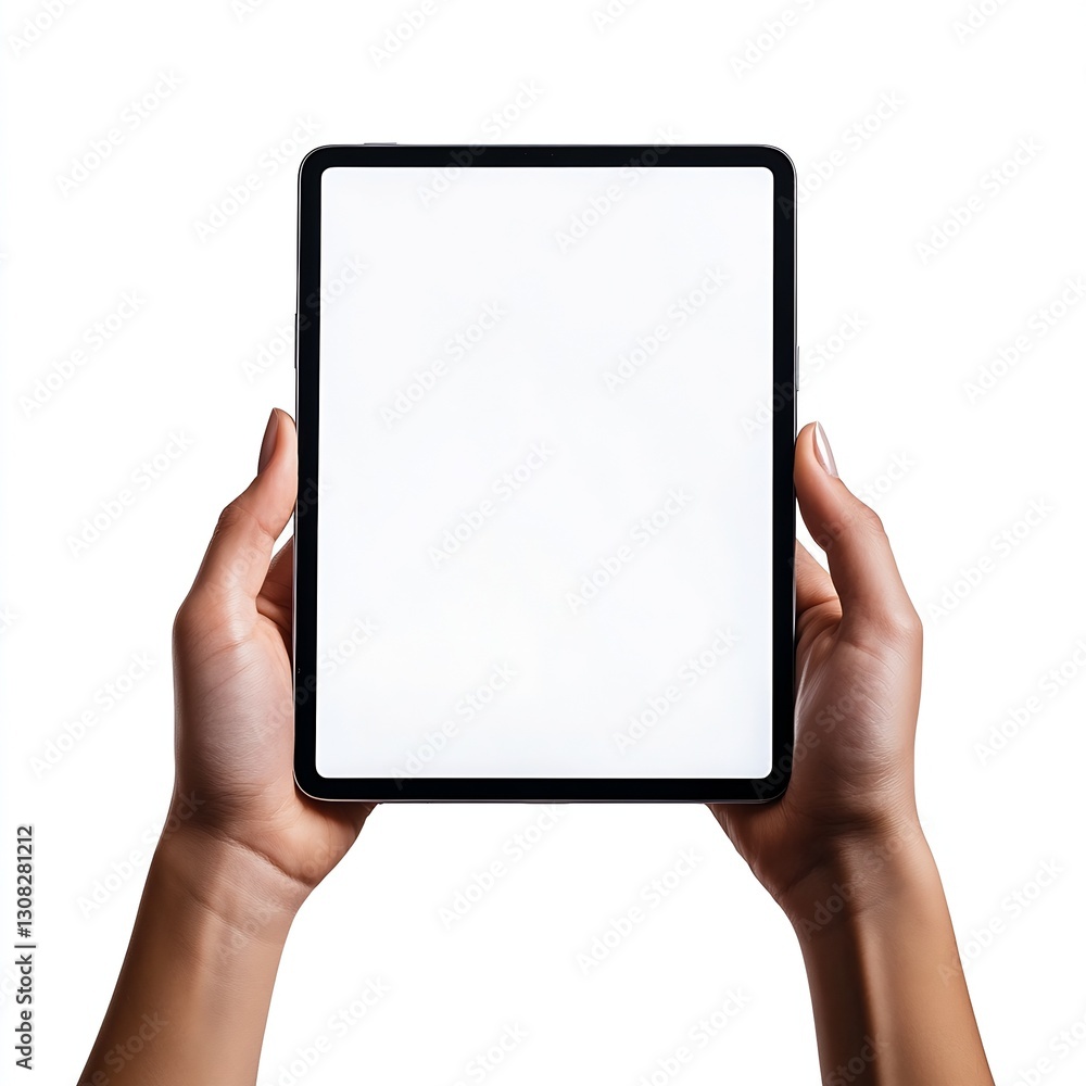 Close Up of Hands Holding Blank Tablet with Modern Look : Generative AI Close Up of Hands Holding Blank Tablet with Modern Look : Generative AI