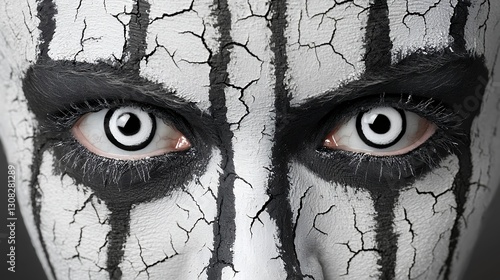 Close Up Black And White Cracked Face Paint Makeup With White Contact Lenses