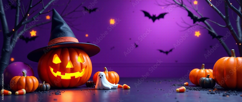 Generate an AI photo of a Halloween Trick or Treat scene featuring a Jack-o'-lantern, witch hat, ghost, balloons, pumpkins, bats, candy corn, and spooky decorations on a purple background. Depth and Generate an AI photo of a Halloween Trick or Treat scene featuring a Jack-o'-lantern, witch hat, ghost, balloons, pumpkins, bats, candy corn, and spooky decorations on a purple background. Depth and
