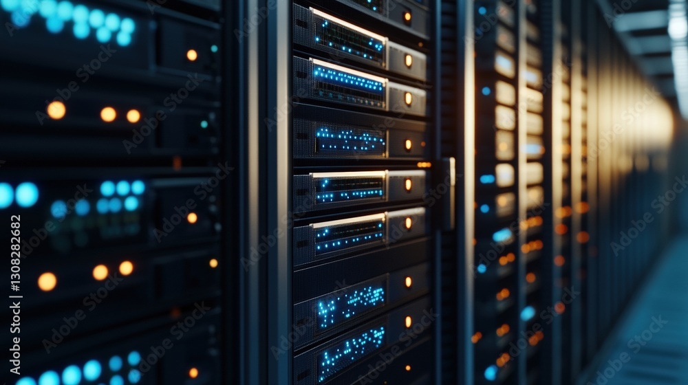 Naklejka premium High-performance server in a well-organized server room showcasing state-of-the-art technologies for data processing