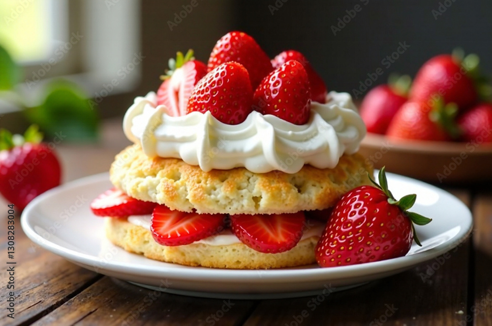 A vibrant, appetizing image of strawberry shortcake, generously topped with fresh strawberries and fluffy whipped cream. High-quality photorealistic rendering, depth of field, soft lighting, inviting A vibrant, appetizing image of strawberry shortcake, generously topped with fresh strawberries and fluffy whipped cream. High-quality photorealistic rendering, depth of field, soft lighting, inviting