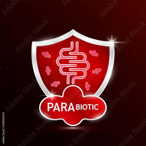 Intestine icon in silver shine shield red parabiotic bacteria in front. Modern packaging badge logo on dark background. Good bacterial flora for stomach bowel. For design product label. Vector.