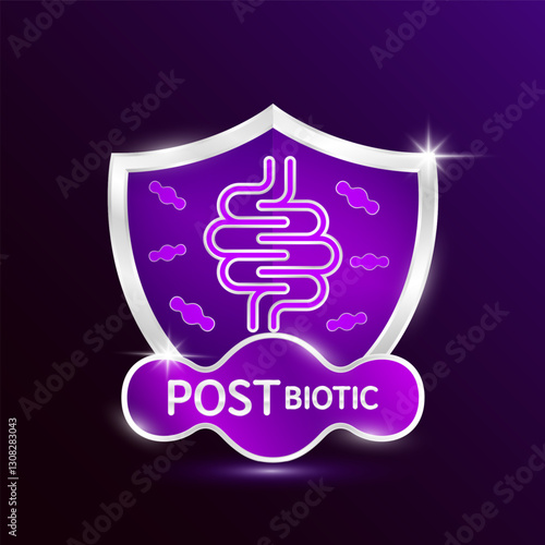 Intestine icon in silver shine shield purple postbiotic bacteria in front. Modern packaging badge logo on dark background. Good bacterial flora for stomach bowel. For design product label. Vector.