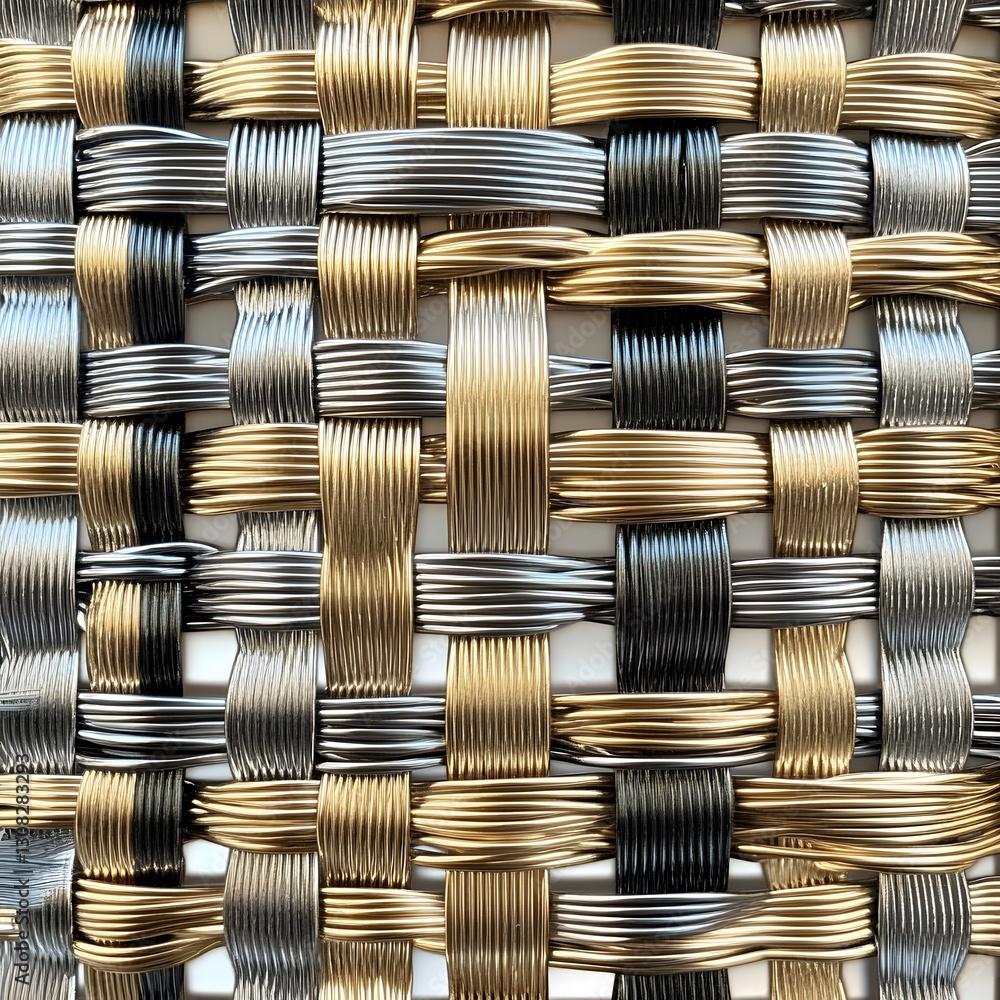 A metallic wire mesh weaving pattern with interlaced silver and gold strands, industrial and sleek A metallic wire mesh weaving pattern with interlaced silver and gold strands, industrial and sleek