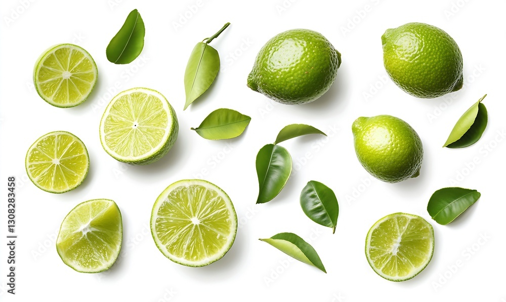 Crisp Limes and Leaves Showcased on Bright Background for Cooking and Drink Preparation : Generative AI Crisp Limes and Leaves Showcased on Bright Background for Cooking and Drink Preparation : Generative AI
