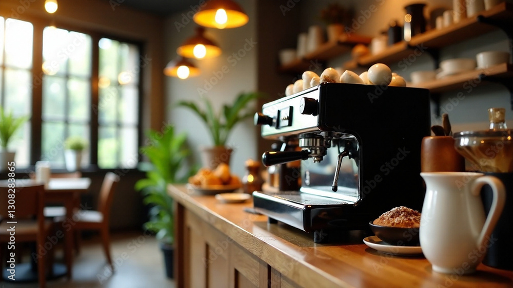 Generate a photo of a vibrant and stylish coffee shop/cafeteria coffee station. Include an Italian espresso machine, warm lighting, a modern design aesthetic, and a cozy atmosphere. Show depth of fi Generate a photo of a vibrant and stylish coffee shop/cafeteria coffee station. Include an Italian espresso machine, warm lighting, a modern design aesthetic, and a cozy atmosphere. Show depth of fi