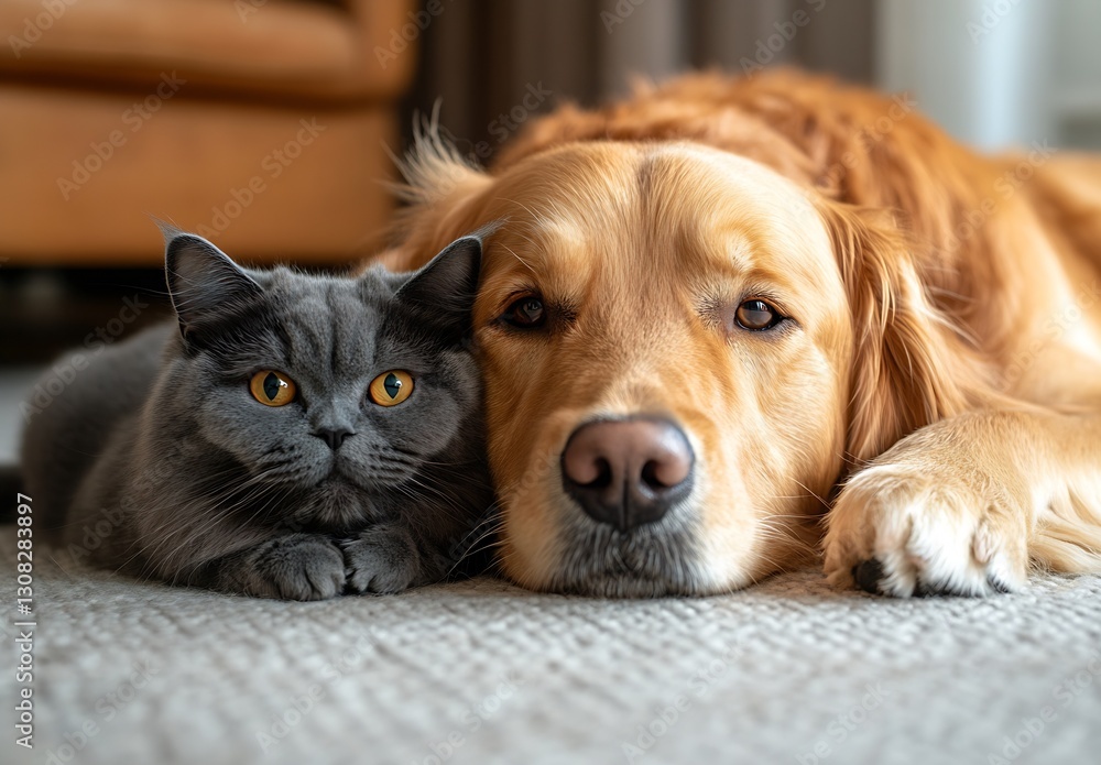 Adorable Cat and Dog Duo Relaxing Together on Cozy Carpet in Sunlit Living Room : Generative AI Adorable Cat and Dog Duo Relaxing Together on Cozy Carpet in Sunlit Living Room : Generative AI