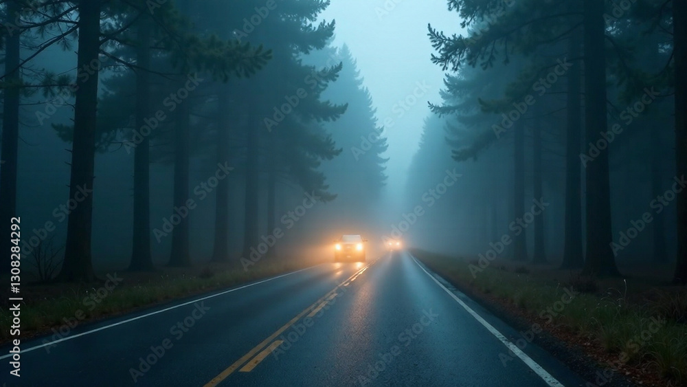 Naklejka premium Road through a dense foggy pine forest, headlights piercing the mist, creating a mysterious and ethereal atmosphere. Focus on depth, mood, dramatic lighting, and an atmospheric vibe. High-quality, p