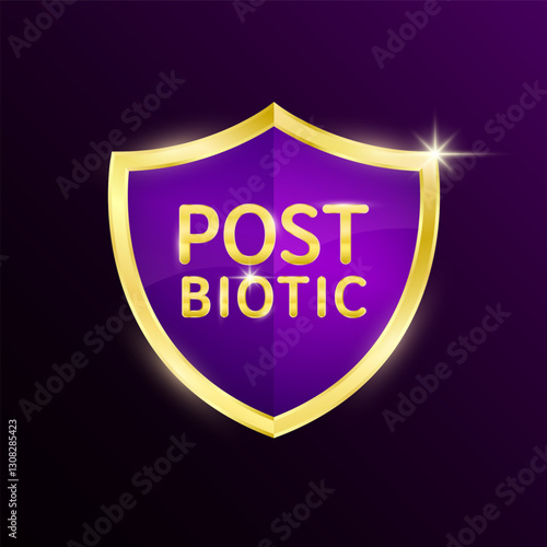 Postbiotic bacteria in purple shield on dark background. Gold shine frame for product label packaging badge logo. Good bacterial flora for stomach bowel intestine. 3D Vector.