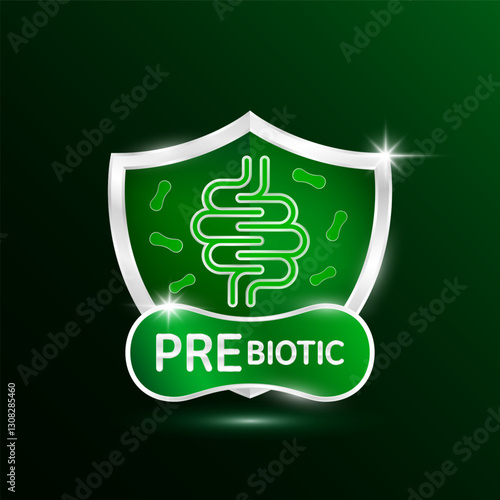 Intestine icon in silver shine shield green prebiotic bacteria in front. Modern packaging badge logo on dark background. Good bacterial flora for stomach bowel. For design product label. Vector.