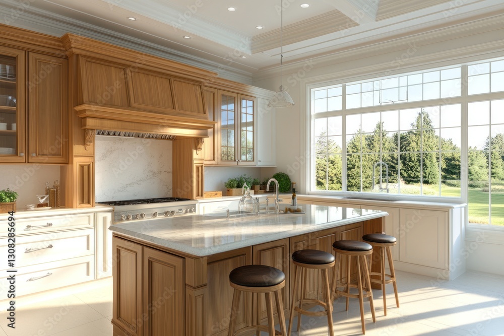 Fototapeta premium Luxurious, light-filled kitchen with natural light, large windows, and a view of a serene landscape. Features include a center island with bar stools, elegant cabinetry, and a spacious layout.