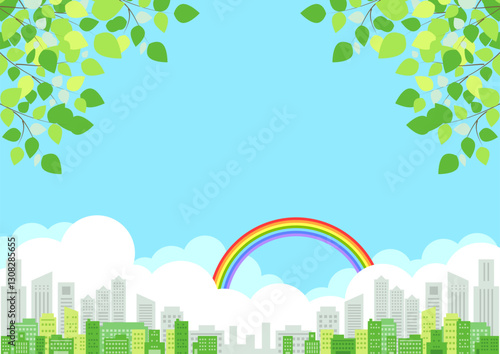 初夏、ビル街、イラスト、虹、背景、横