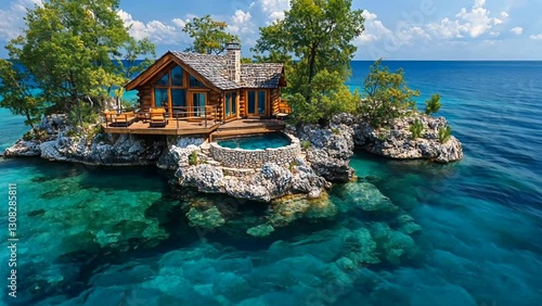 A scenic wooden cabin on a rocky island with clear turquoise waters and lush greenery.