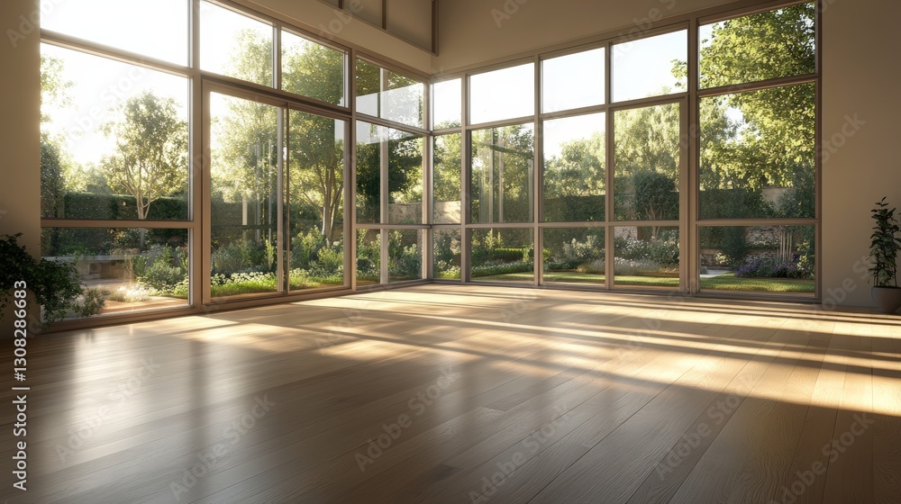 Spacious modern contemporary room with a large window offering natural light and minimalistic design elements Spacious modern contemporary room with a large window offering natural light and minimalistic design elements