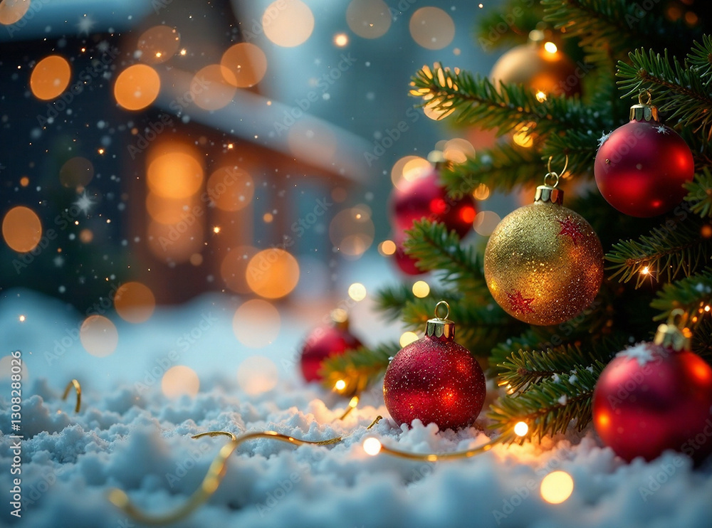 Generate an AI photo of a festive Christmas light display with golden confetti, glittering ornaments, glass balls, and bokeh effects on a winter night background. Focus on the depth of field, warm li Generate an AI photo of a festive Christmas light display with golden confetti, glittering ornaments, glass balls, and bokeh effects on a winter night background. Focus on the depth of field, warm li