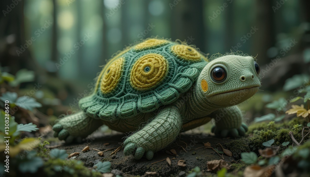 Obraz premium Adorable Knitted Turtle in Forest Setting Charming Nature Wildlife Crochet Toy