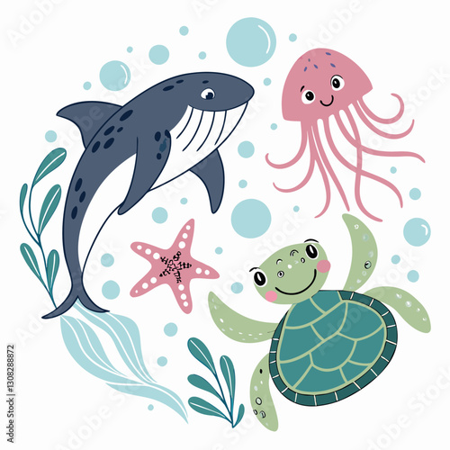 Charming sea creature illustration with whale, jellyfish, turtle and starfish