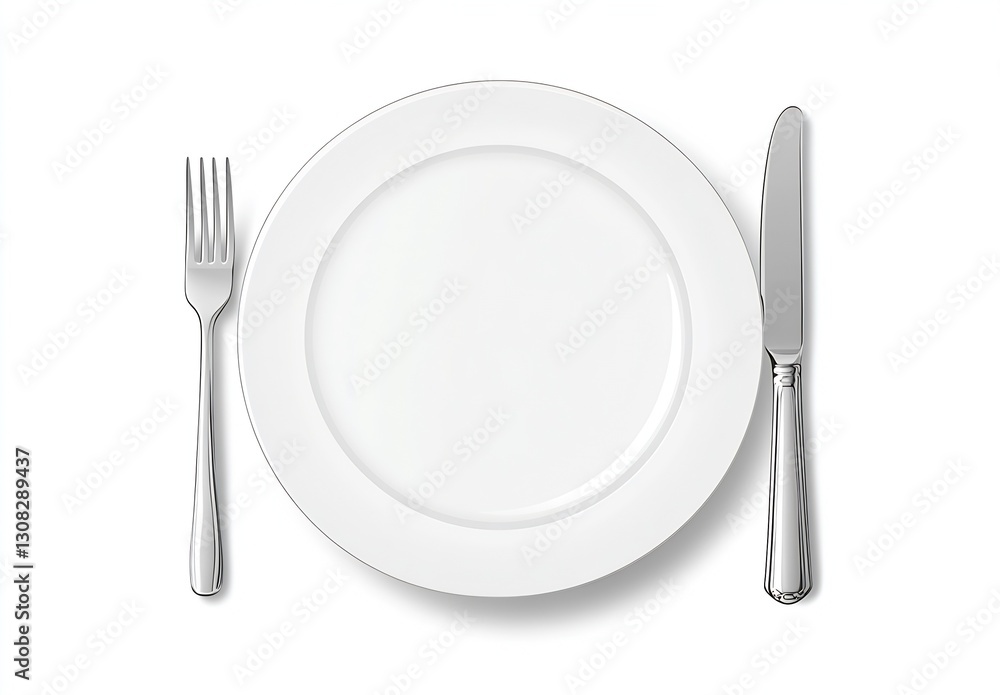 Classic white dinner plate with shiny stainless steel cutlery arranged symmetrically for dining : Generative AI Classic white dinner plate with shiny stainless steel cutlery arranged symmetrically for dining : Generative AI