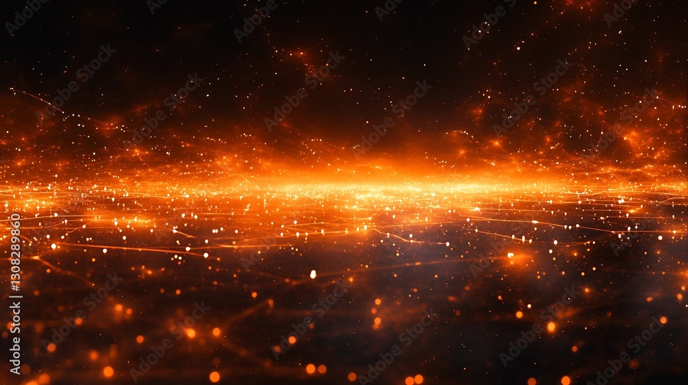 Abstract Orange Glow with Light Particles and Lines Creating Futuristic Landscape Effect : Generative AI