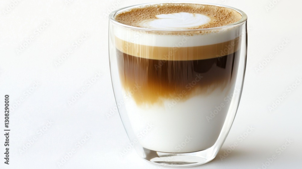 A latte macchiato served in a sleek double-wall glass, layers of espresso and frothy milk perfectly separated, set against a white background