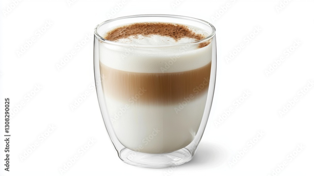 A latte macchiato served in a sleek double-wall glass, layers of espresso and frothy milk perfectly separated, set against a white background A latte macchiato served in a sleek double-wall glass, layers of espresso and frothy milk perfectly separated, set against a white background