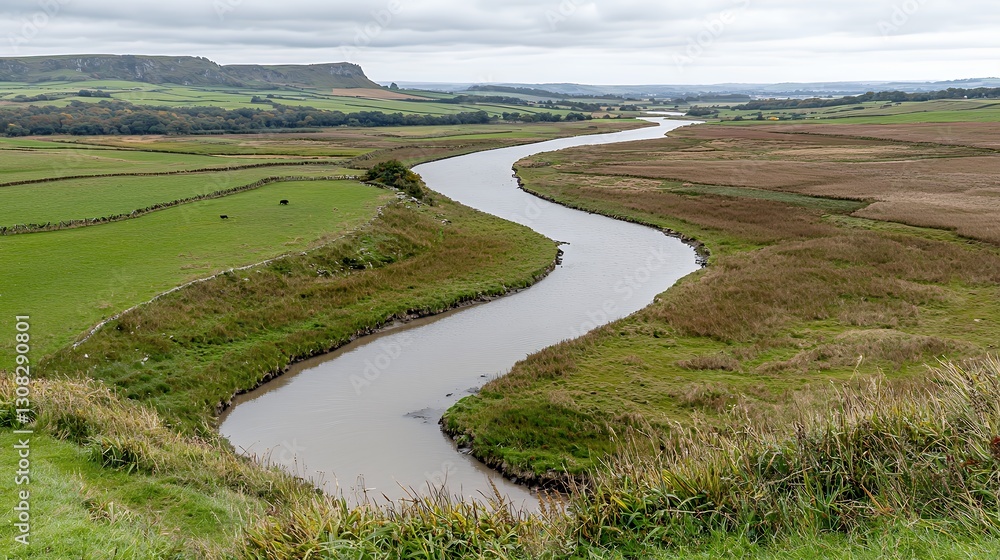 Serpentine River Winding Through Lush Green Fields Under an Overcast Sky Serpentine River Winding Through Lush Green Fields Under an Overcast Sky
