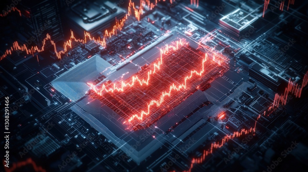 Obraz premium A detailed view of a circuit board featuring a glowing red light, showcasing technology and innovation