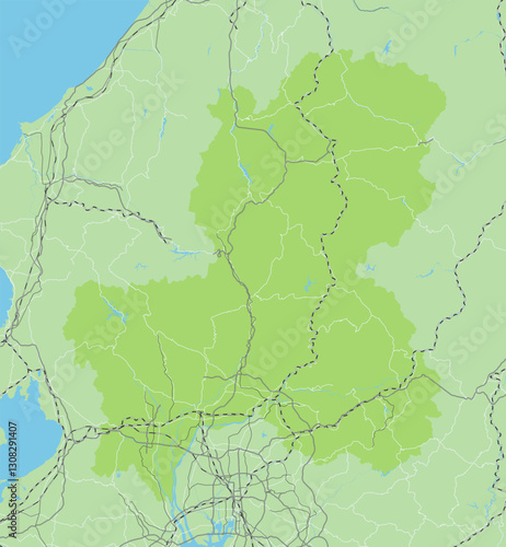 日本の岐阜県と隣接する都道府県を含む、シンプルな緑色のロードマップ