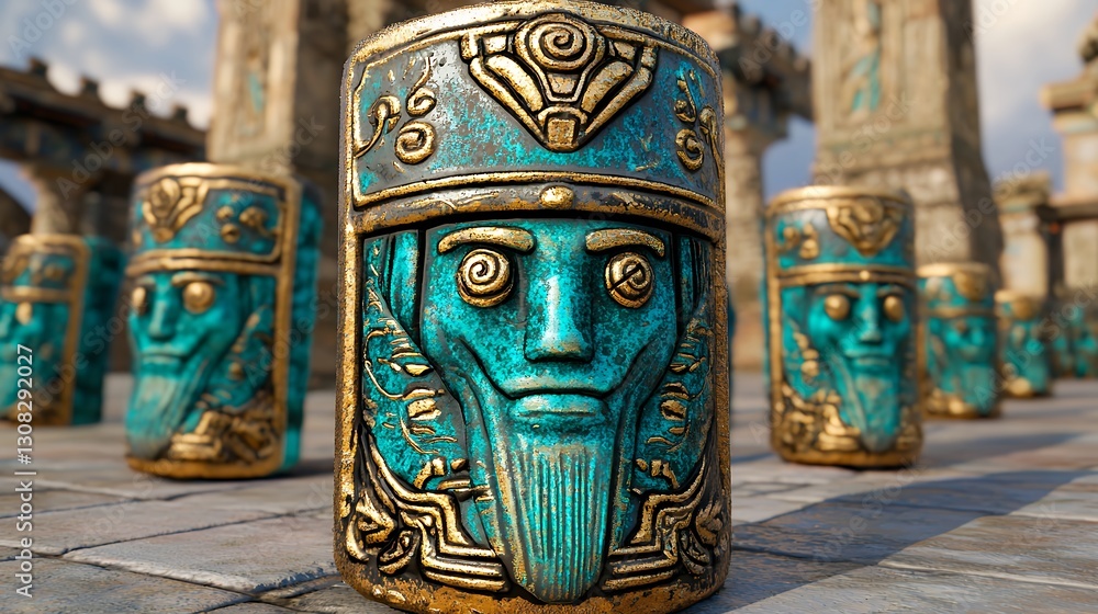 Obraz premium Teal and Gold Carved Stone Game Piece Close Up