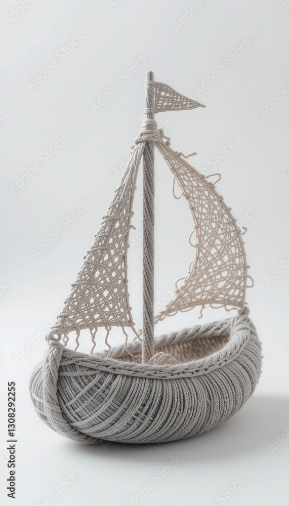 Obraz premium Elegant Gray Yarn Sailboat Model Nautical Decor Craft Handmade Artwork