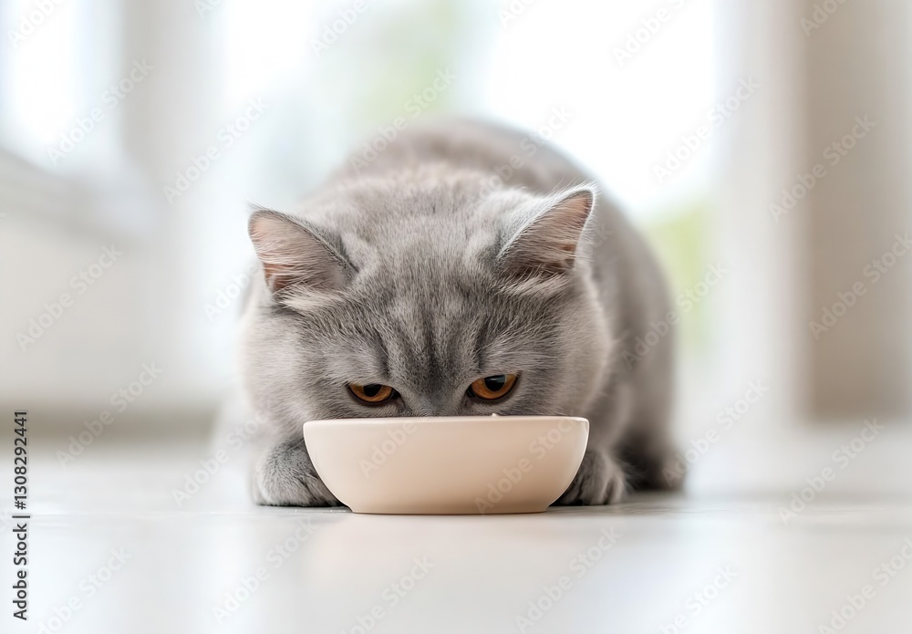 Obraz premium Gray Cat with Striking Eyes Eagerly Watching Food in a Bowl While Laying on the Floor : Generative AI