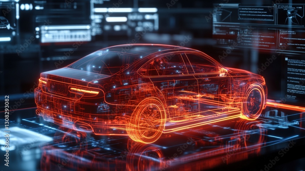 Futuristic car rendered on a digital interface displaying high-tech features and sleek design in a virtual environment Futuristic car rendered on a digital interface displaying high-tech features and sleek design in a virtual environment