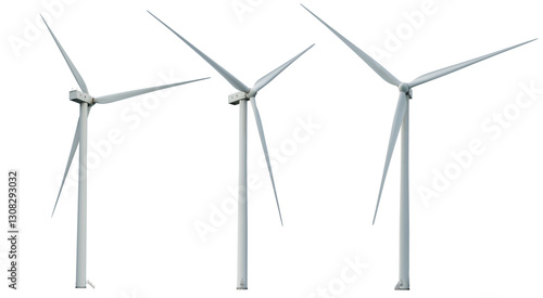  Windmills for eco energy. Three wind turbines isolated on transparency background. Windmill for electric power production