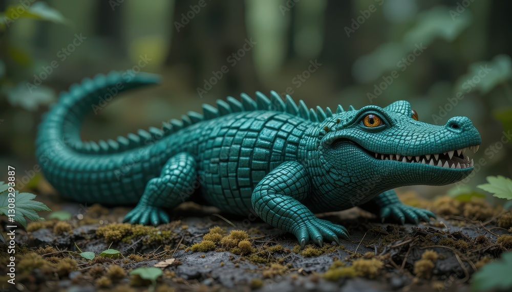 Fototapeta premium Teal Crocodile Figurine in Forest Setting A Detailed Decorative Reptile Model