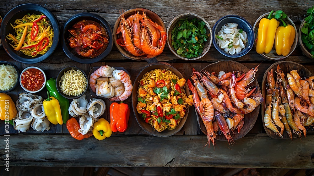 Fototapeta premium Arrangement of Seafood Dishes and Vegetables on Rustic Wooden Surface