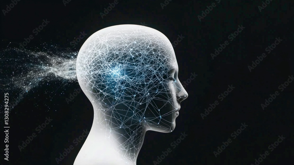Obraz premium Futuristic AI Mind Digital Head Profile Network Connections Glowing Abstract
