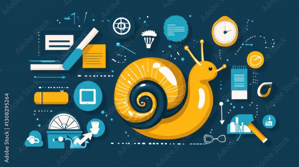 Obraz premium Colorful Illustration of a Snail Surrounded by Various Objects Representing Slow Progress and Time Management Concept in a Creative Design