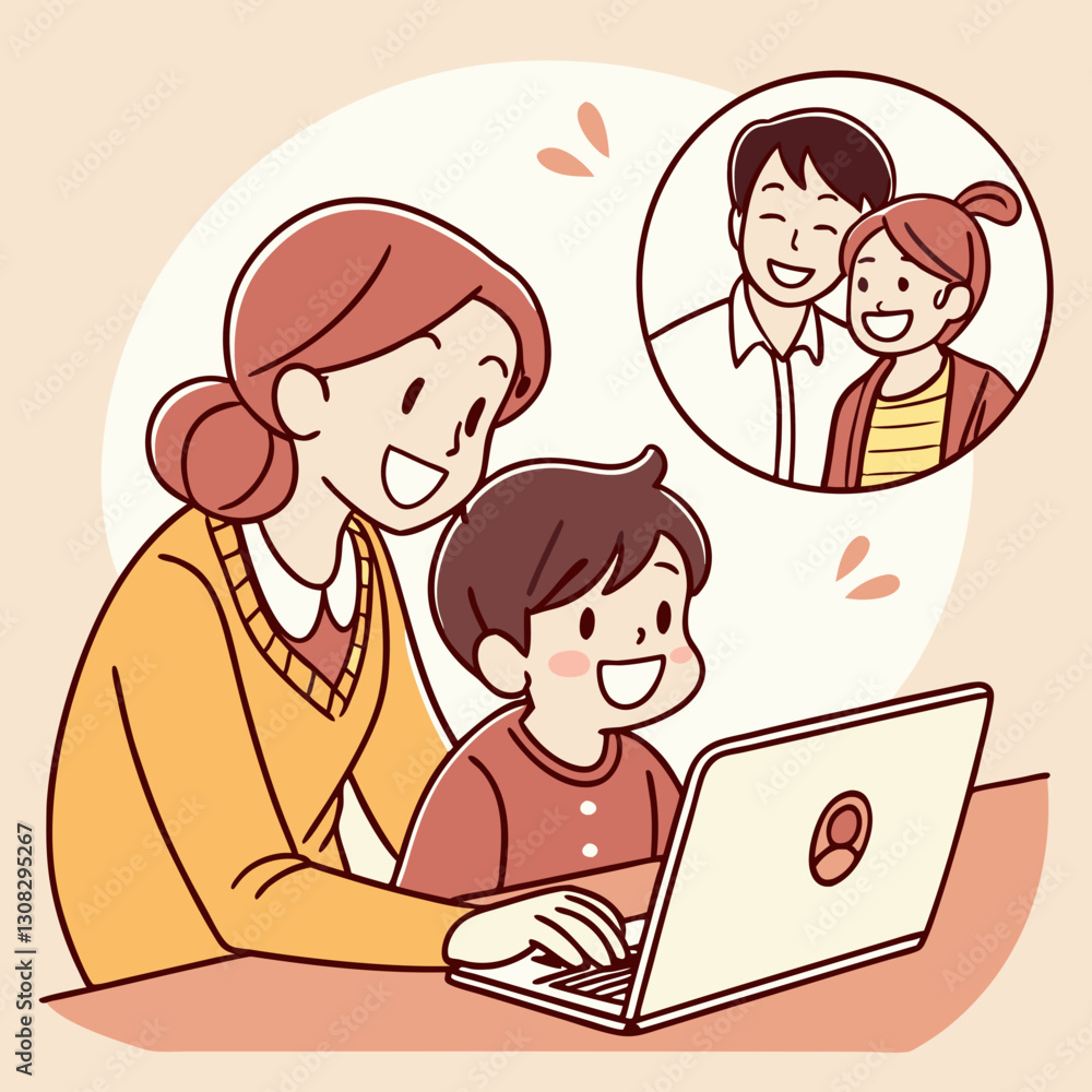 Illustration of a mother and son connecting with family online using a laptop Illustration of a mother and son connecting with family online using a laptop