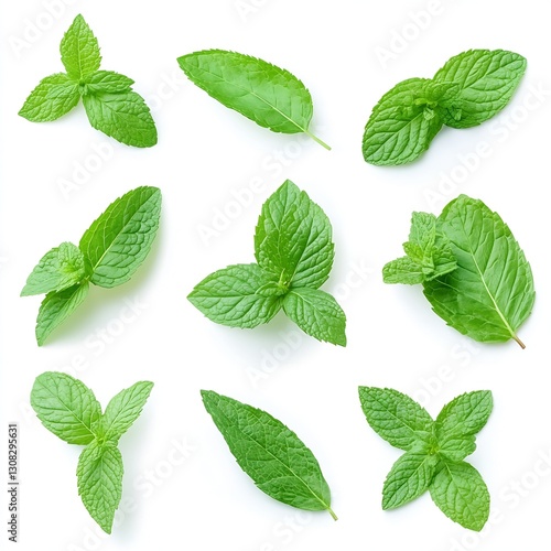 Various mint leaves displayed creatively on a white backdrop perfect for food or lifestyle photography : Generative AI