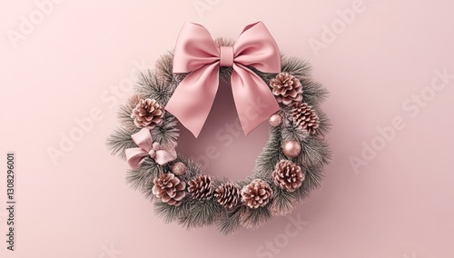 Pink Christmas wreath with bow and pine cones on a pastel pink background.